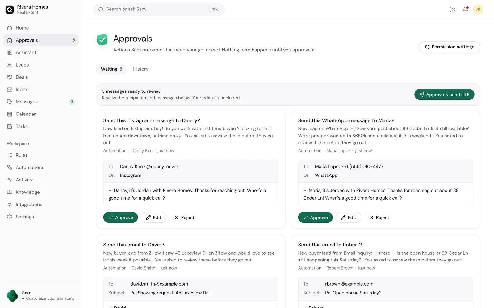 Real Extent approvals page with replies to new leads written by the assistant, each with Approve, Edit and Reject buttons