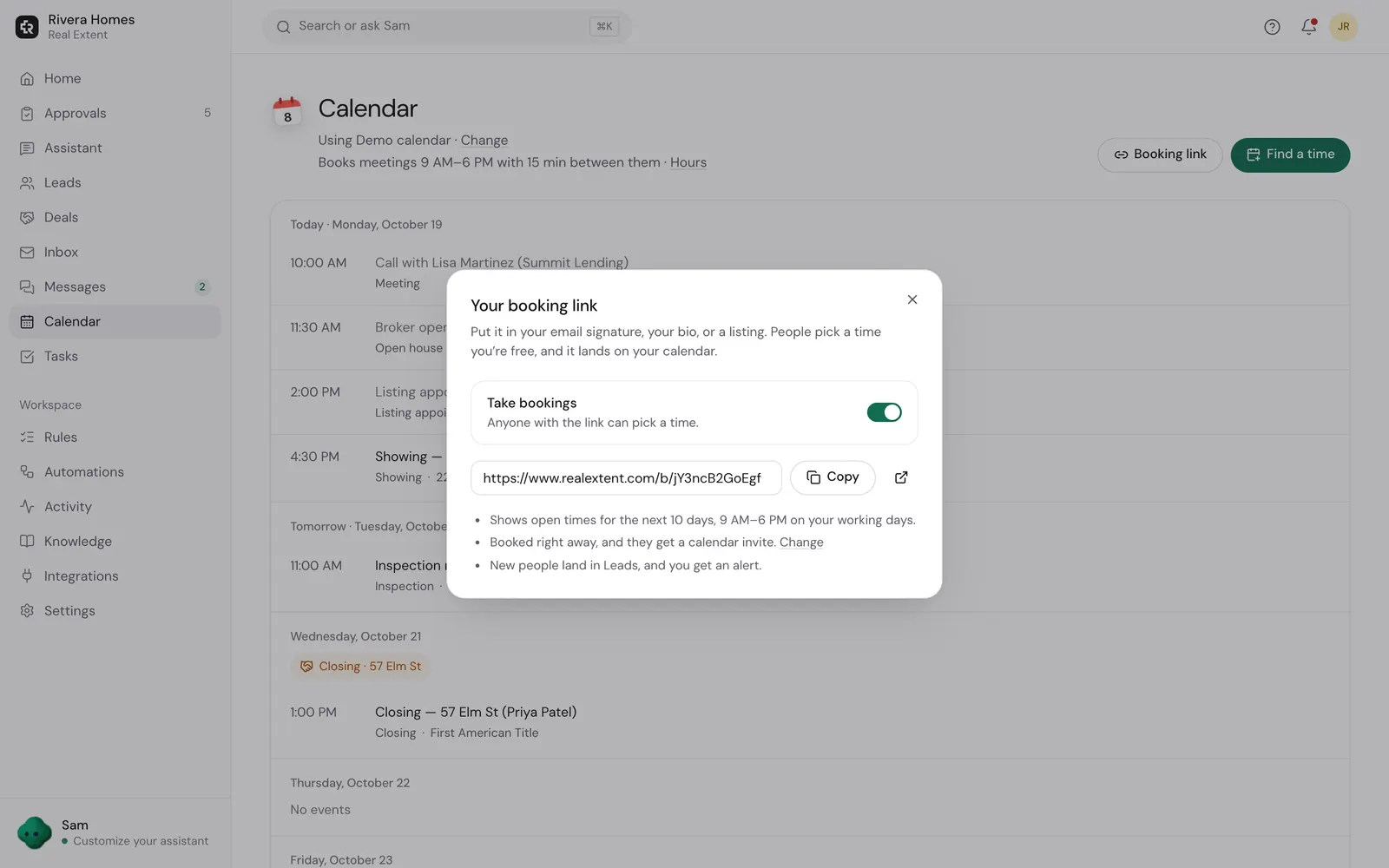 Real Extent calendar with the booking link turned on, so clients can pick a showing time that fits the agent's calendar