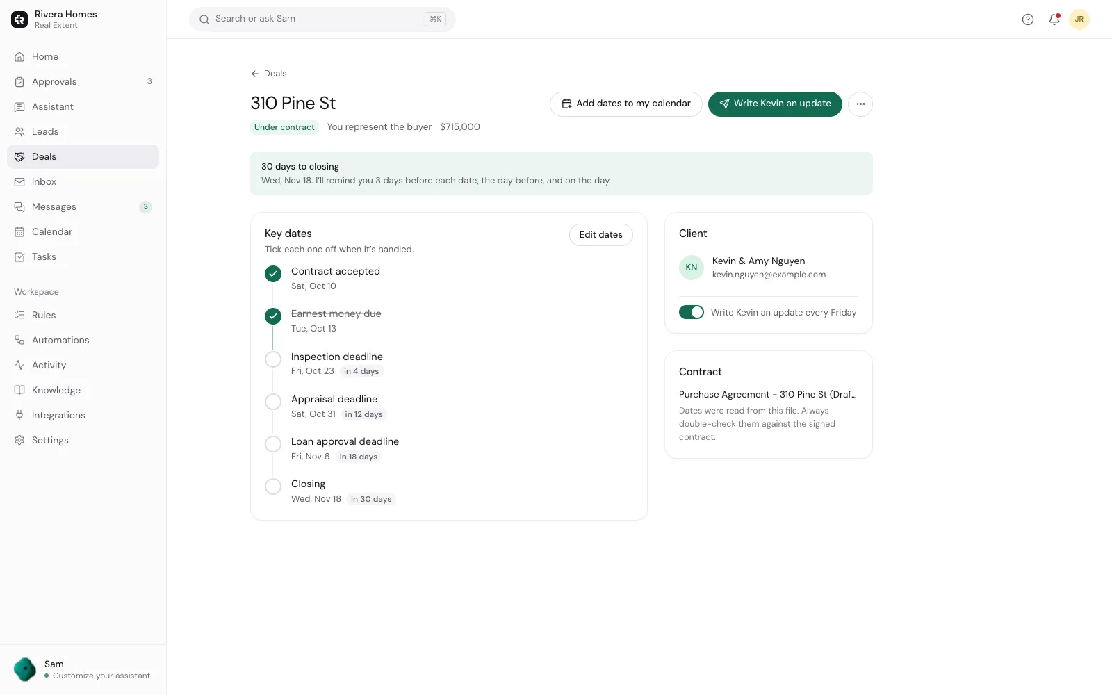 Real Extent deal page for a home under contract: earnest money, inspection, appraisal, loan approval and closing dates in order, days left on each, and the contract the dates were read from