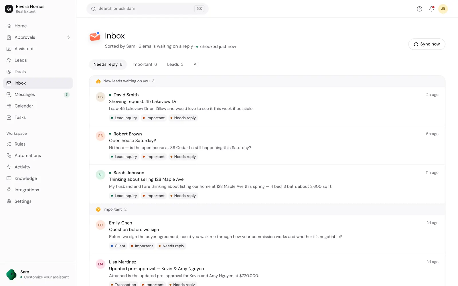 Real Extent inbox sorting new lead emails from Zillow and an open house inquiry to the top, each marked as needing a reply