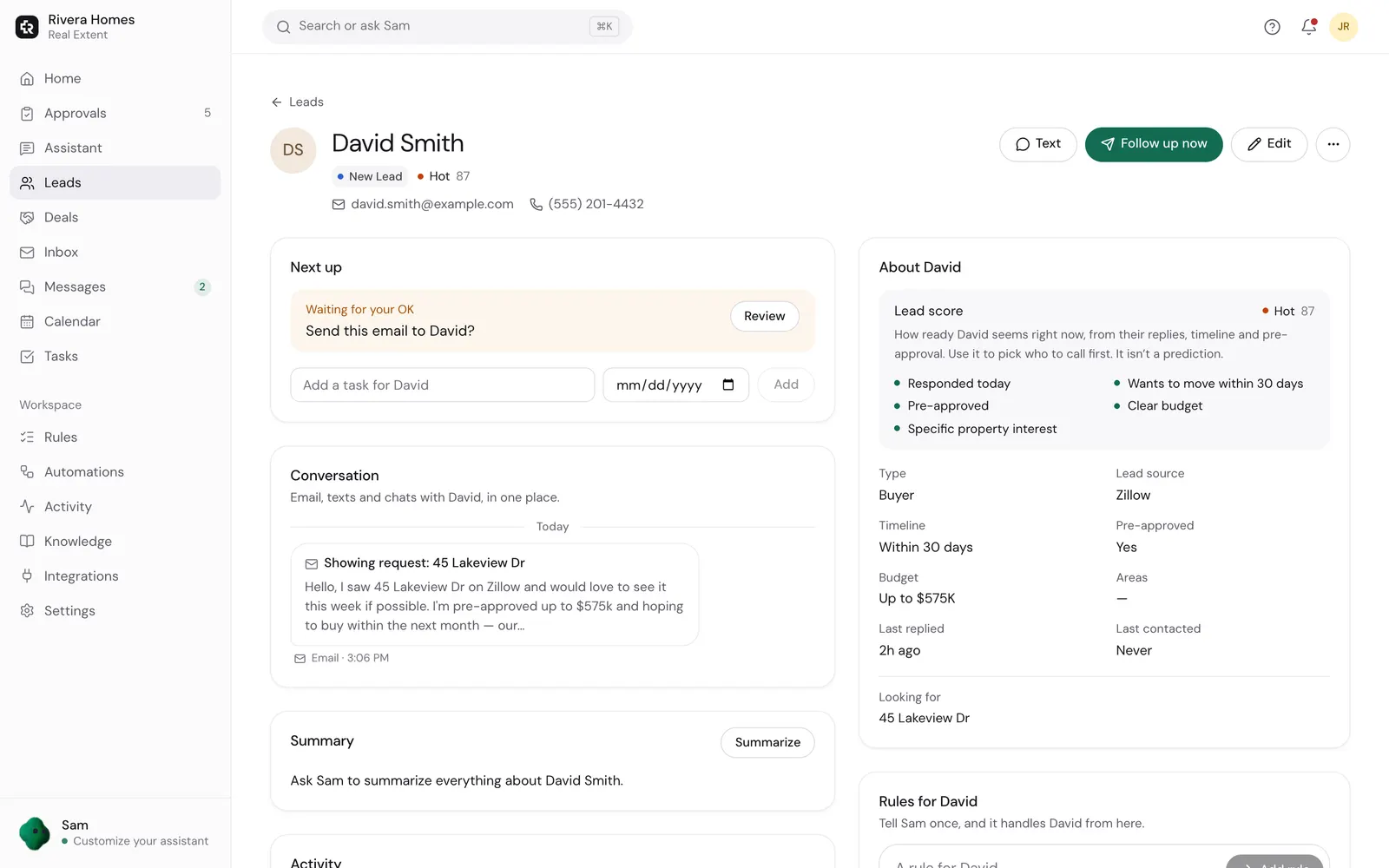 Real Extent lead page for a buyer from Zillow: next step, lead score with reasons, budget, timeline and their email conversation