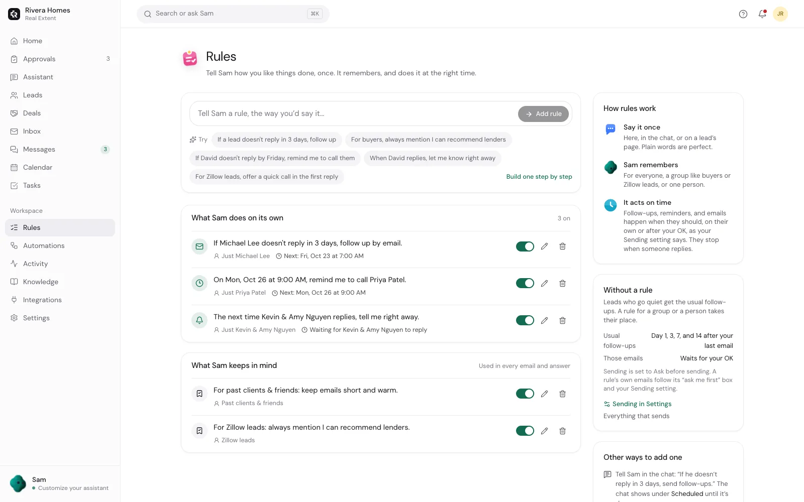 Real Extent rules page: plain-words rules like following up if a lead doesn't reply in 3 days, a reminder to call a client, and notes the assistant keeps in mind, each with when it runs next